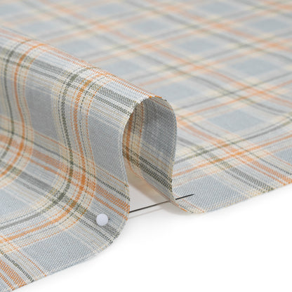 Medium Weight Linen Woven - Sky Blue, Sage Green and Orange Plaid
