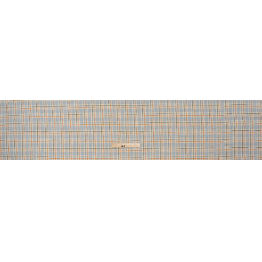 Medium Weight Linen Woven - Sky Blue, Sage Green and Orange Plaid