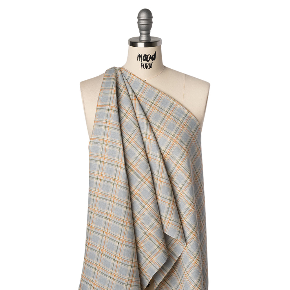 Medium Weight Linen Woven - Sky Blue, Sage Green and Orange Plaid