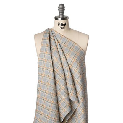 Medium Weight Linen Woven - Sky Blue, Sage Green and Orange Plaid
