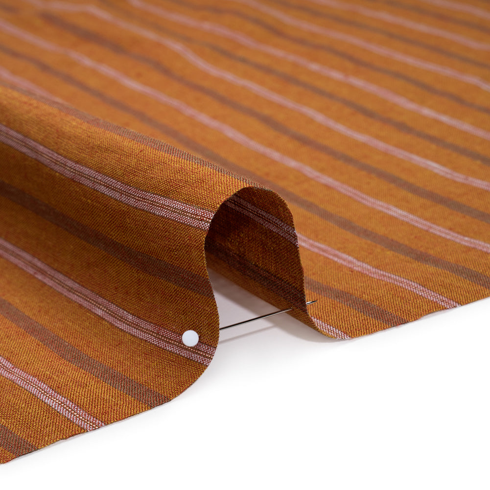 Medium Weight Linen Woven - Burnt Orange, Burgundy and Light Blue Stripes