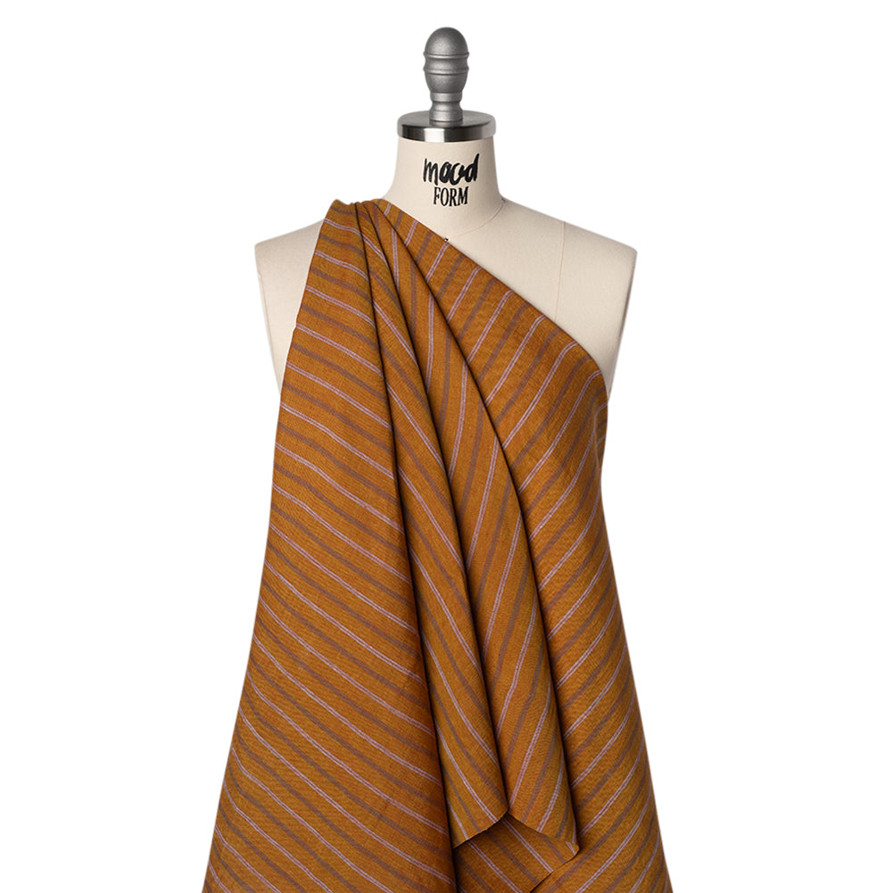 Medium Weight Linen Woven - Burnt Orange, Burgundy and Light Blue Stripes