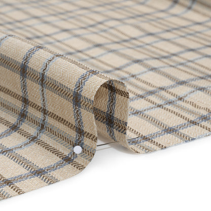 Linen Herringbone Twill - Beige, Blue and Brown Plaid