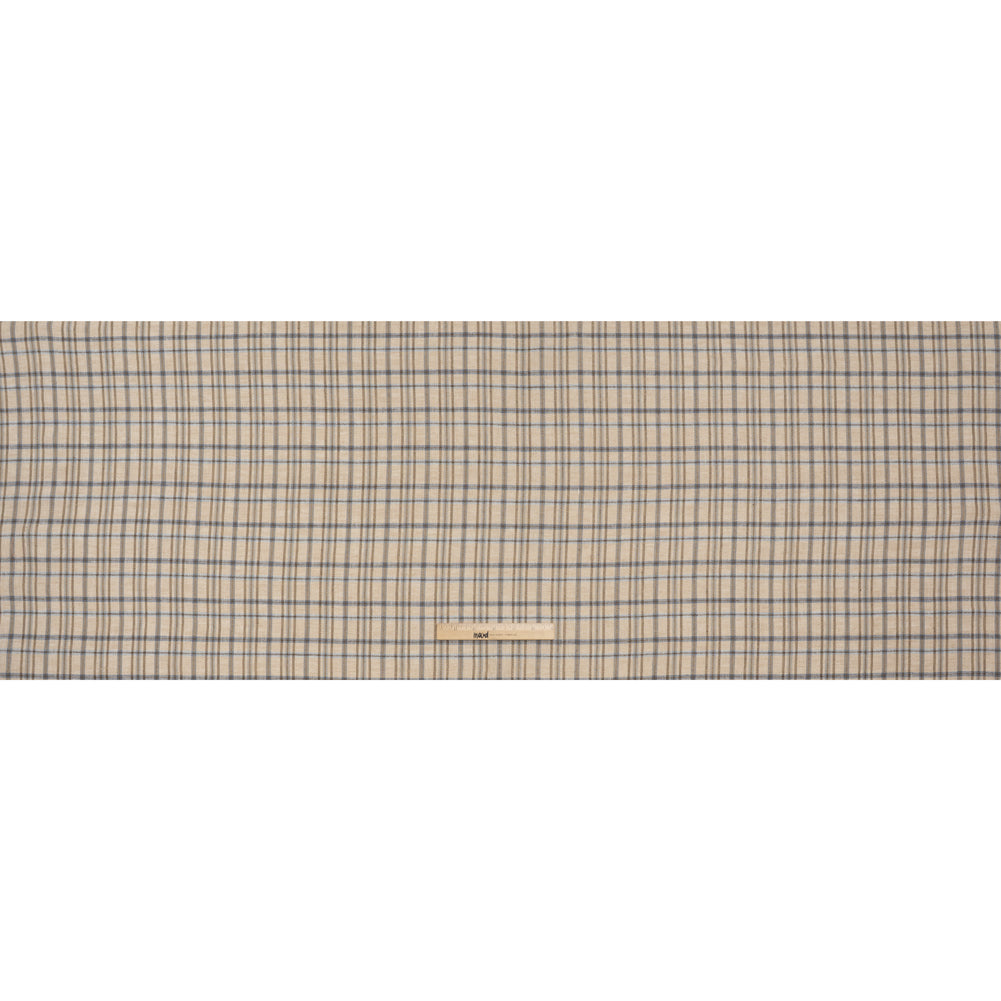 Linen Herringbone Twill - Beige, Blue and Brown Plaid