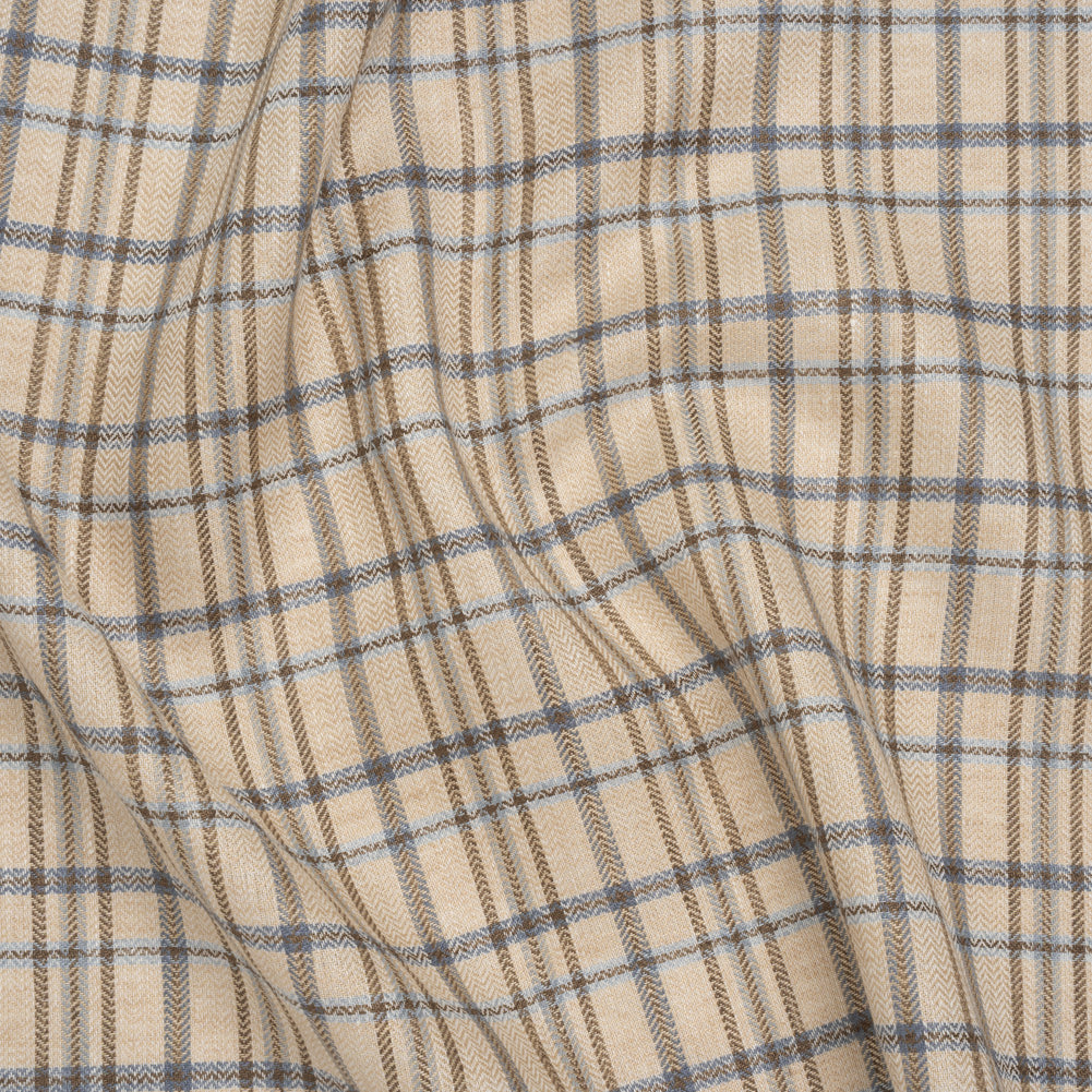 Linen Herringbone Twill - Beige, Blue and Brown Plaid