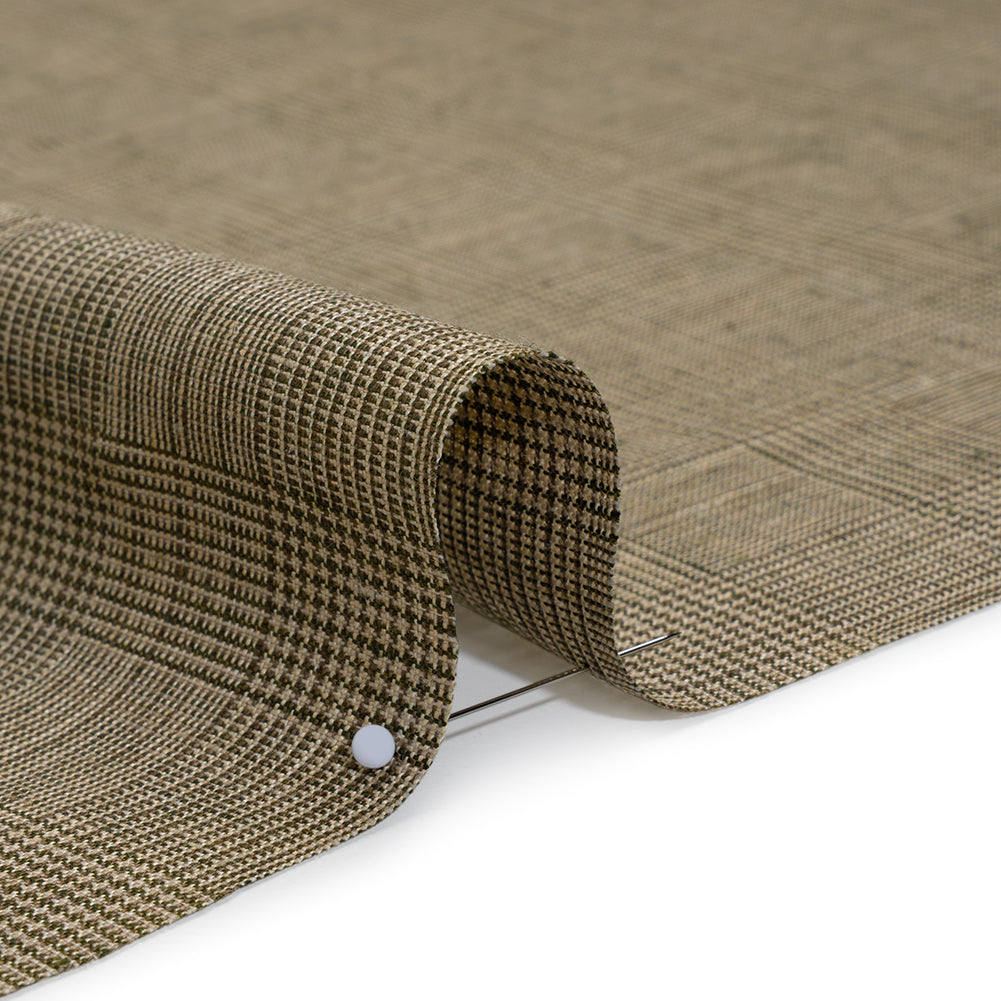 Medium Weight Linen Woven - Cream, Beige and Green Glen Check Detail