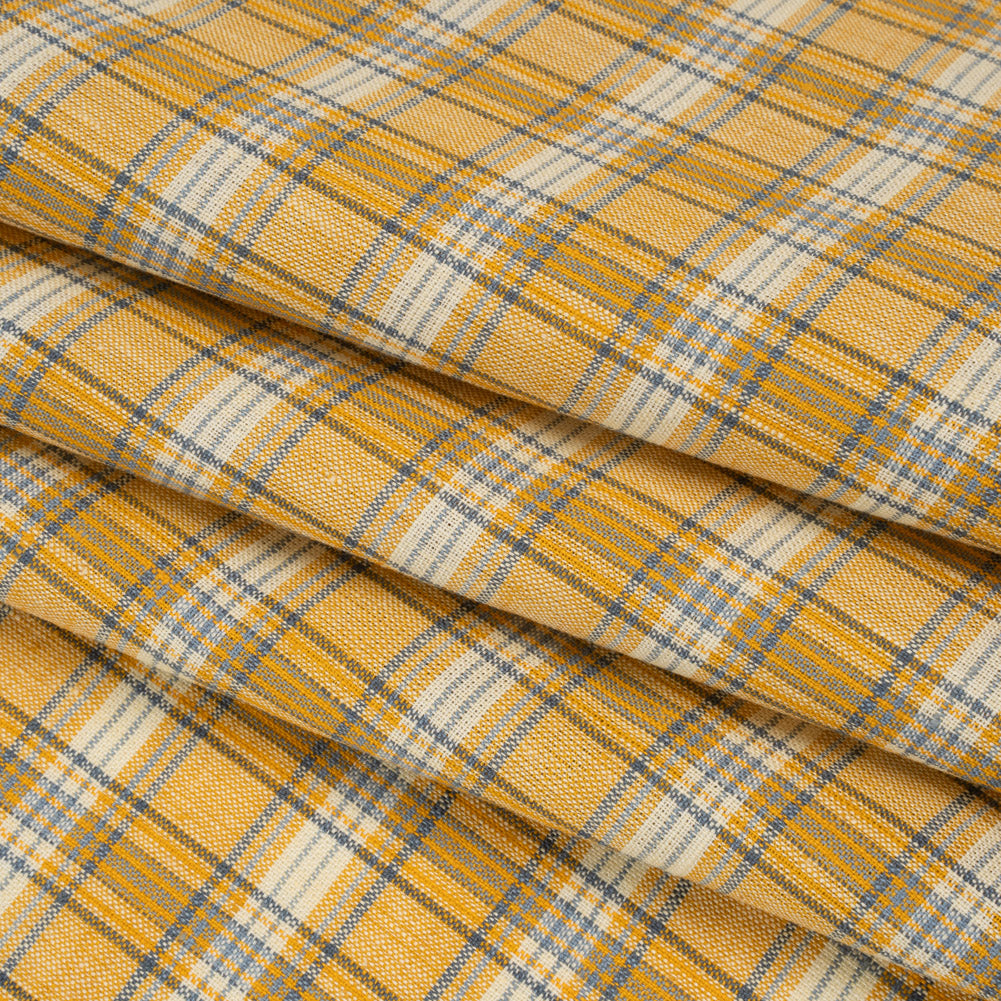 Lightweight Linen Woven - Golden Yellow, Dark Blue and White Plaid Folded