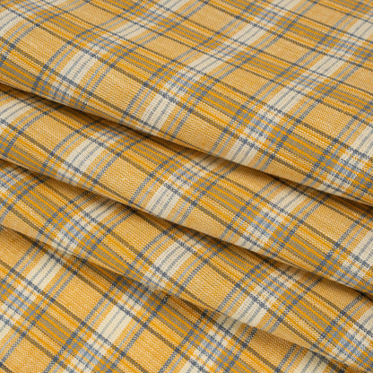 Lightweight Linen Woven - Golden Yellow, Dark Blue and White Plaid Folded