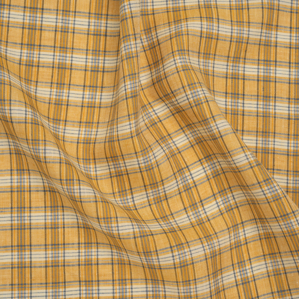 Lightweight Linen Woven - Golden Yellow, Dark Blue and White Plaid