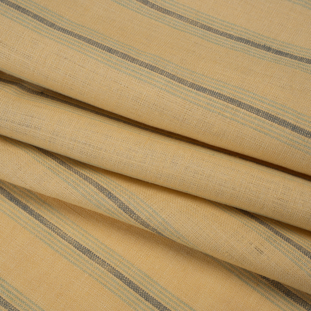 Medium Weight Linen Woven - Soft Yellow, Sage and Basil Green Stripes Folded