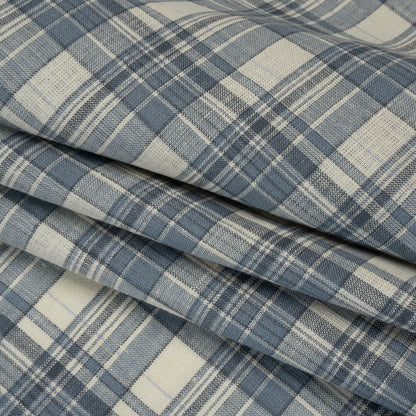 Medium Weight Linen Woven - Country Blue and Cream Plaid Folded
