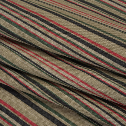 Medium Weight Linen Woven Print - Red, Green and Black Barcode Stripes on Oatmeal Folded