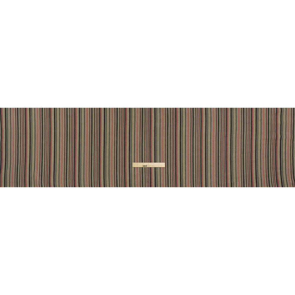 Medium Weight Linen Woven Print - Red, Green and Black Barcode Stripes on Oatmeal - Full