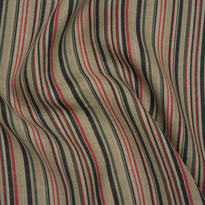 Medium Weight Linen Woven Print - Red, Green and Black Barcode Stripes on Oatmeal