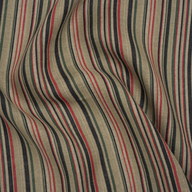 Medium Weight Linen Woven Print - Red, Green and Black Barcode Stripes on Oatmeal