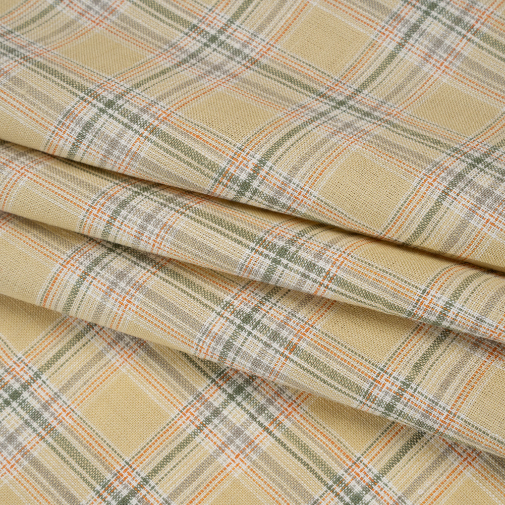 Lightweight Linen Woven - Yellow Beige, Basil Green and Orange Plaid Folded