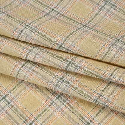 Lightweight Linen Woven - Yellow Beige, Basil Green and Orange Plaid Folded
