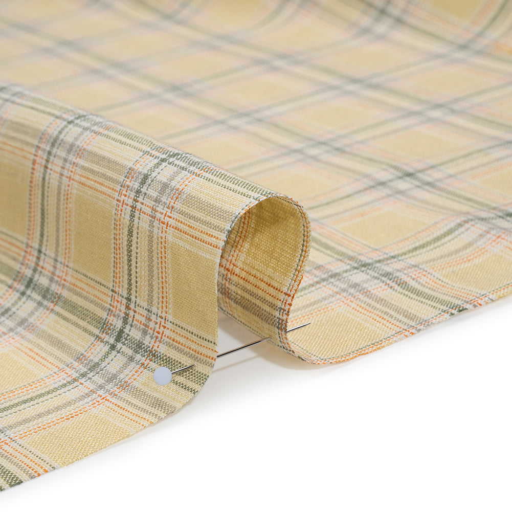 Lightweight Linen Woven - Yellow Beige, Basil Green and Orange Plaid Detail