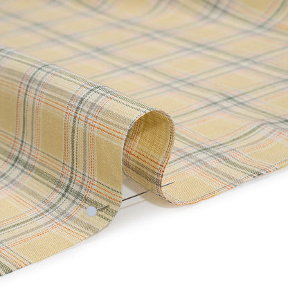 Lightweight Linen Woven - Yellow Beige, Basil Green and Orange Plaid Detail