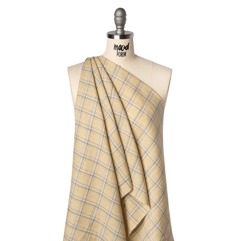 Lightweight Linen Woven - Yellow Beige, Basil Green and Orange Plaid Drape