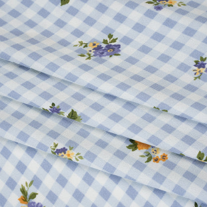 Sustainable Viscose Crepe Print - Powder Blue and Golden Yellow Floral and Gingham - Designer Deadstock