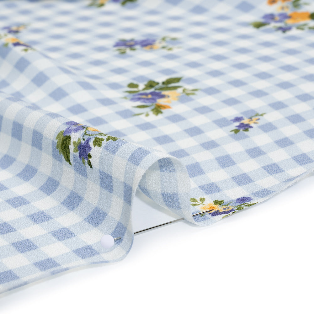 Sustainable Viscose Crepe Print - Powder Blue and Golden Yellow Floral and Gingham - Designer Deadstock - Detail