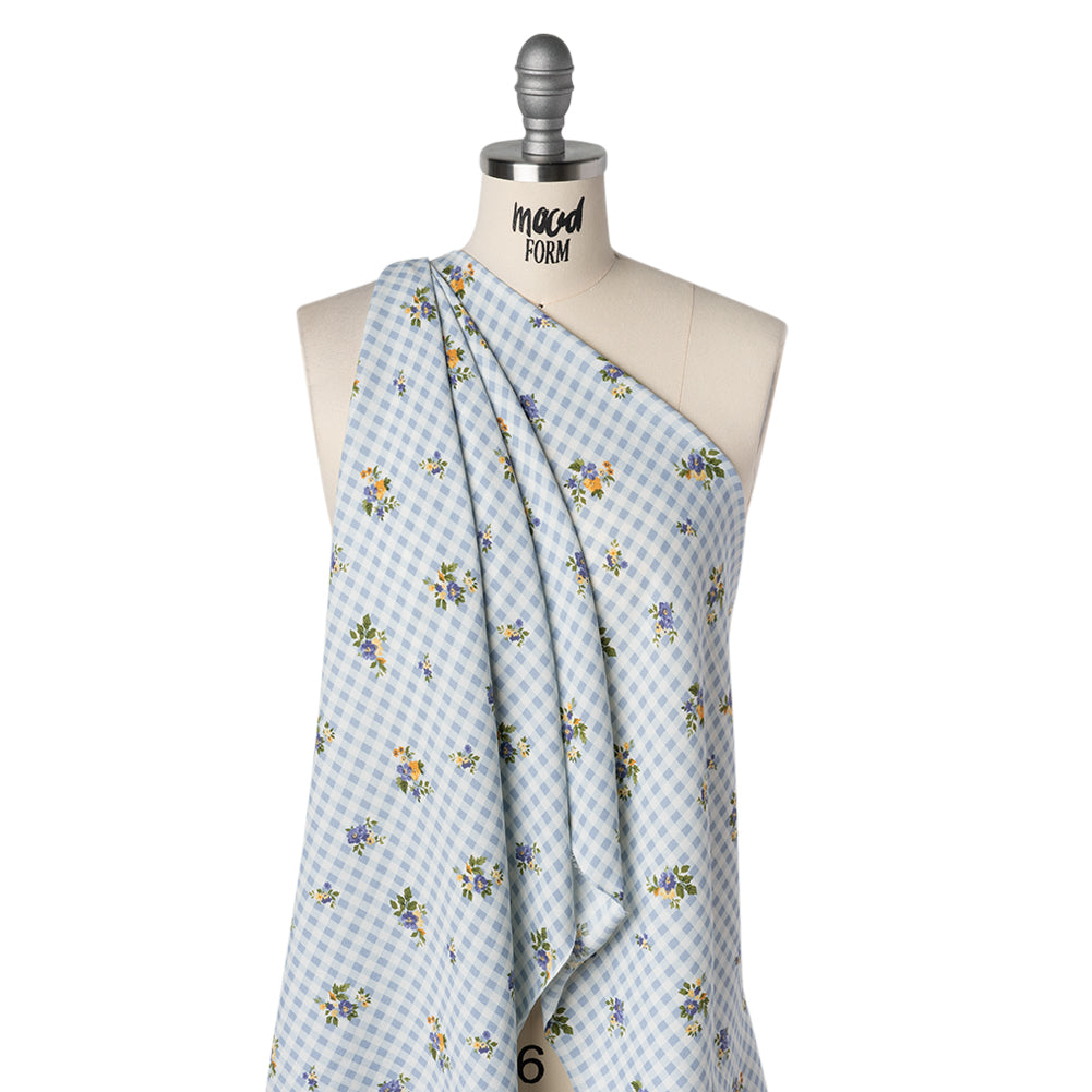 Sustainable Viscose Crepe Print - Powder Blue and Golden Yellow Floral and Gingham - Designer Deadstock - Drape