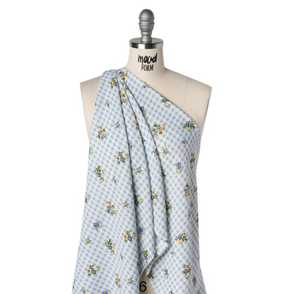 Sustainable Viscose Crepe Print - Powder Blue and Golden Yellow Floral and Gingham - Designer Deadstock