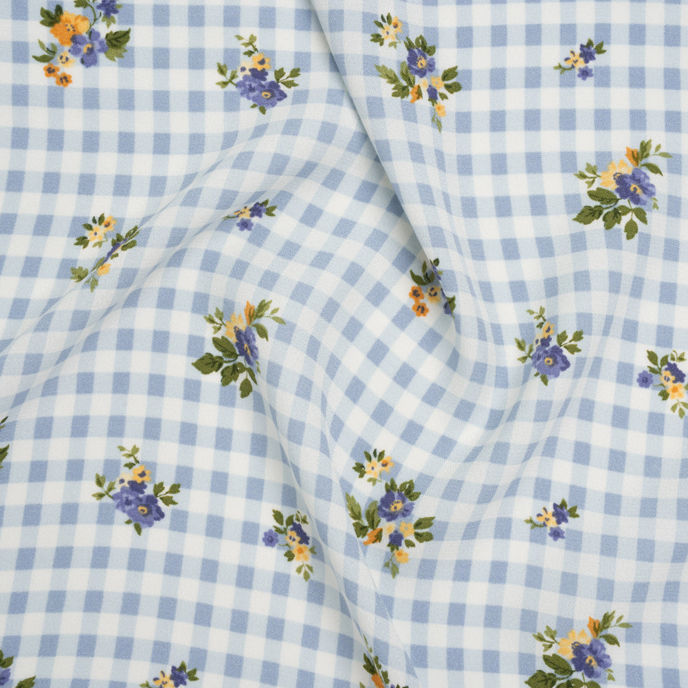 Sustainable Viscose Crepe Print - Powder Blue and Golden Yellow Floral and Gingham - Designer Deadstock