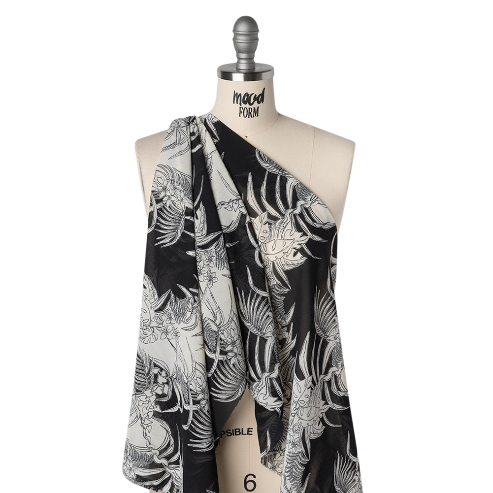 Viscose Georgette Print - Black and Light Cream Amazon Floral Foliage - Designer Deadstock - Drape