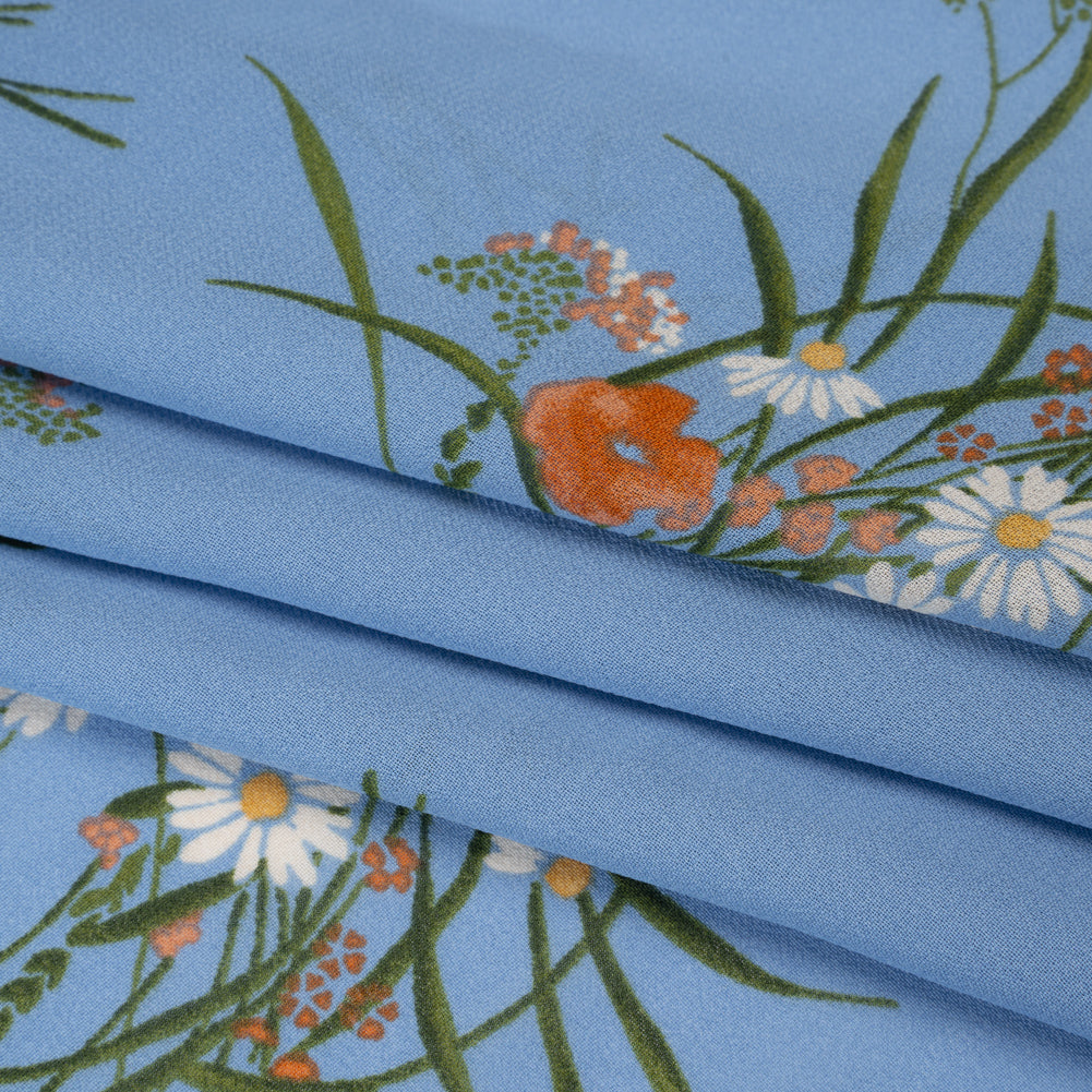 Viscose Georgette Print - Salmon Pink, Dark Moss Green and Cornflower Blue Wildflower Floral - Designer Deadstock - Folded