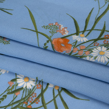 Viscose Georgette Print - Salmon Pink, Dark Moss Green and Cornflower Blue Wildflower Floral - Designer Deadstock
