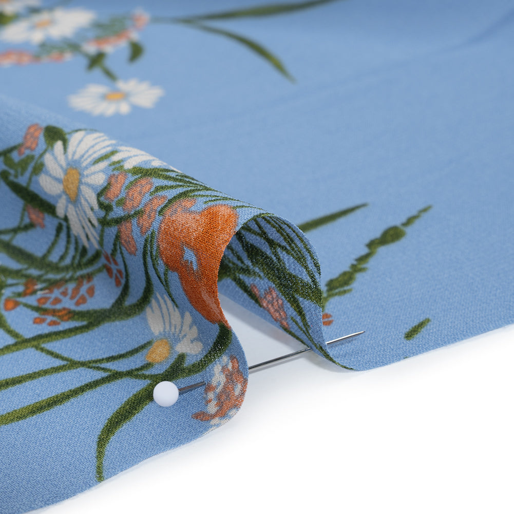 Viscose Georgette Print - Salmon Pink, Dark Moss Green and Cornflower Blue Wildflower Floral - Designer Deadstock - Detail