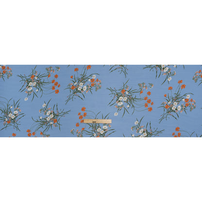 Viscose Georgette Print - Salmon Pink, Dark Moss Green and Cornflower Blue Wildflower Floral - Designer Deadstock