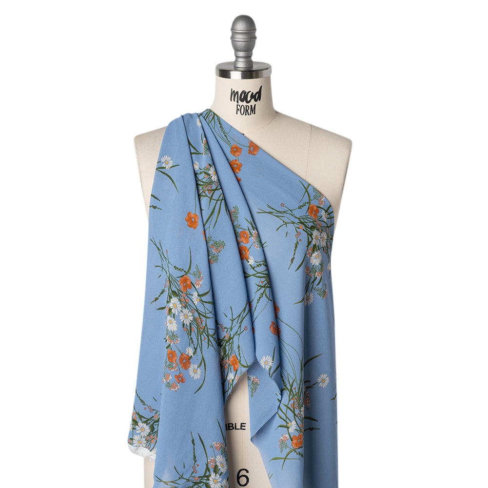 Viscose Georgette Print - Salmon Pink, Dark Moss Green and Cornflower Blue Wildflower Floral - Designer Deadstock - Drape