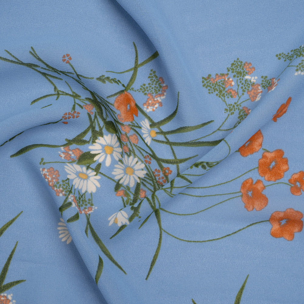 Viscose Georgette Print - Salmon Pink, Dark Moss Green and Cornflower Blue Wildflower Floral - Designer Deadstock