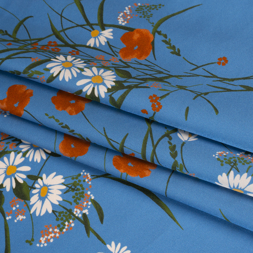 Silk Charmeuse Print by The Reformation - Azure Blue and Burnt Orange Wildflower Floral - Deadstock - Folded