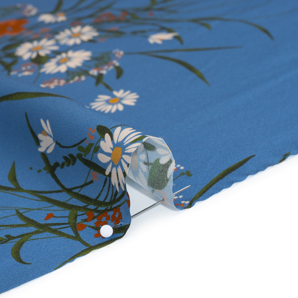 Silk Charmeuse Print by The Reformation - Azure Blue and Burnt Orange Wildflower Floral - Deadstock - Detail