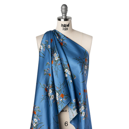 Silk Charmeuse Print by The Reformation - Azure Blue and Burnt Orange Wildflower Floral - Deadstock