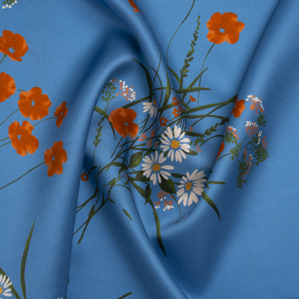 Silk Charmeuse Print by The Reformation - Azure Blue and Burnt Orange Wildflower Floral - Deadstock