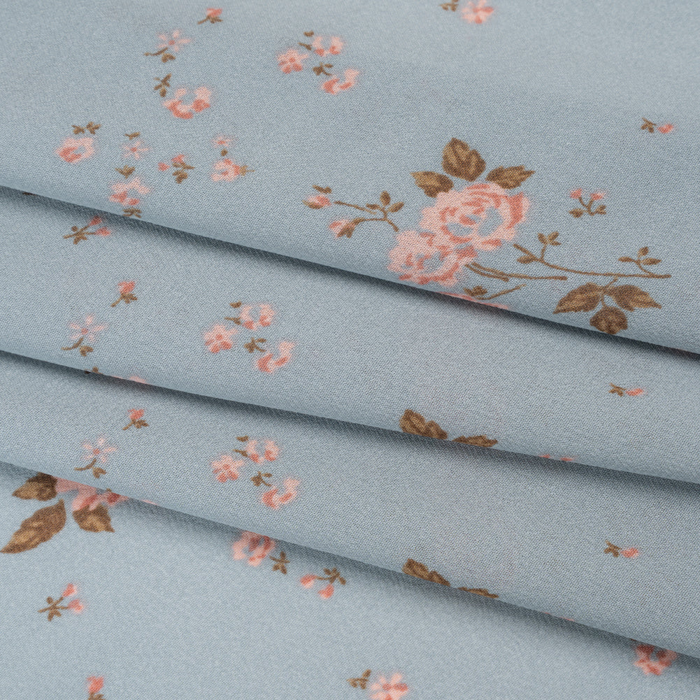 Viscose Georgette Print - Stone Blue and Soft Princess Pink Floral - Designer Deadstock - Folded