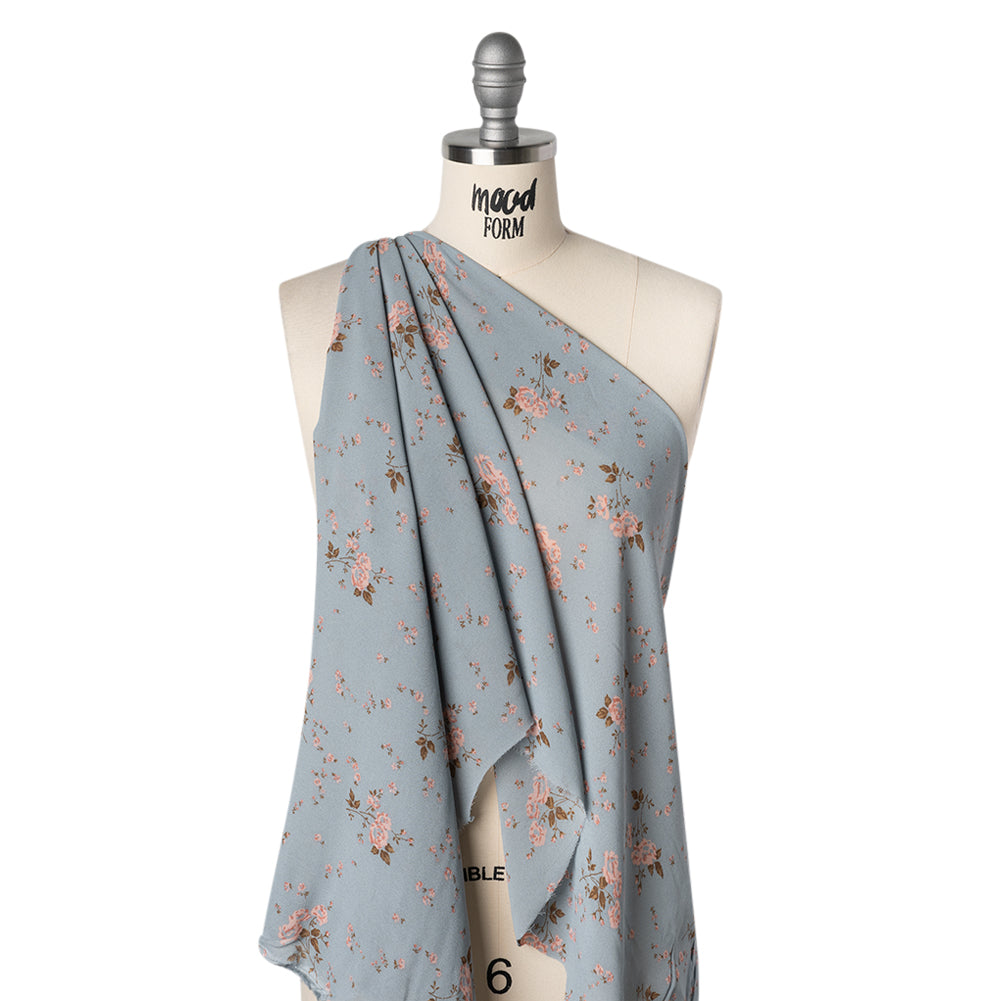 Viscose Georgette Print - Stone Blue and Soft Princess Pink Floral - Designer Deadstock - Drape
