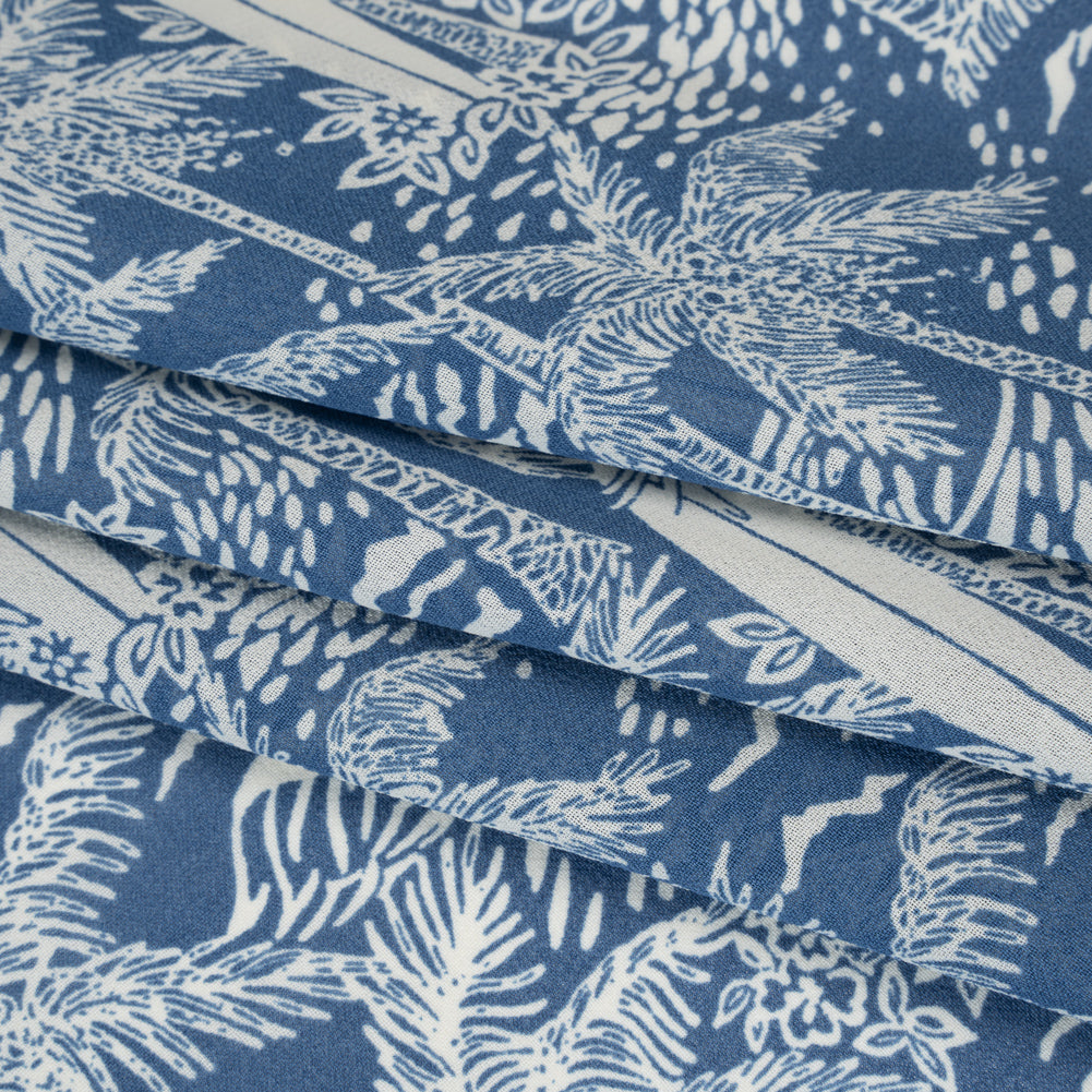 Viscose Georgette Print - Steel Blue and Light Cream Beach Surf Illustration - Designer Deadstock - Folded