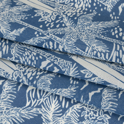Viscose Georgette Print - Steel Blue and Light Cream Beach Surf Illustration - Designer Deadstock