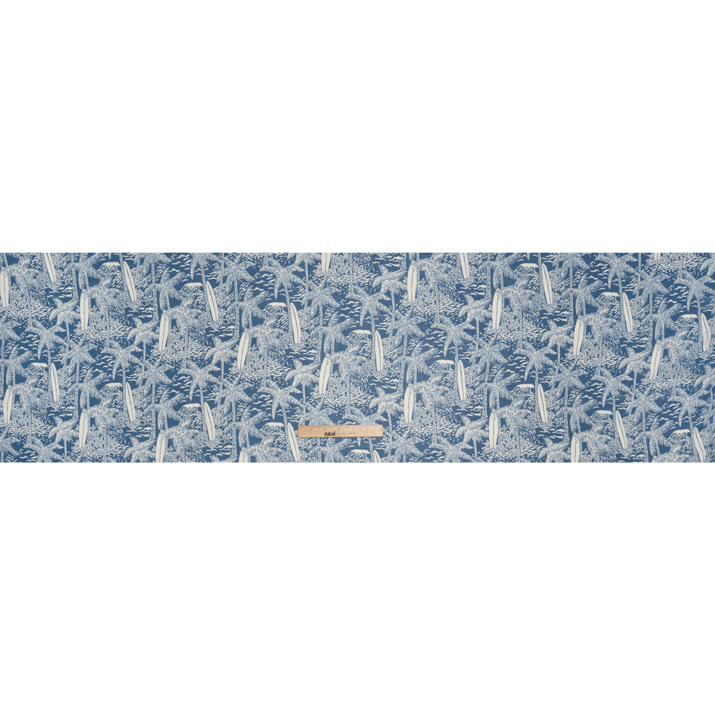 Viscose Georgette Print - Steel Blue and Light Cream Beach Surf Illustration - Designer Deadstock - Full