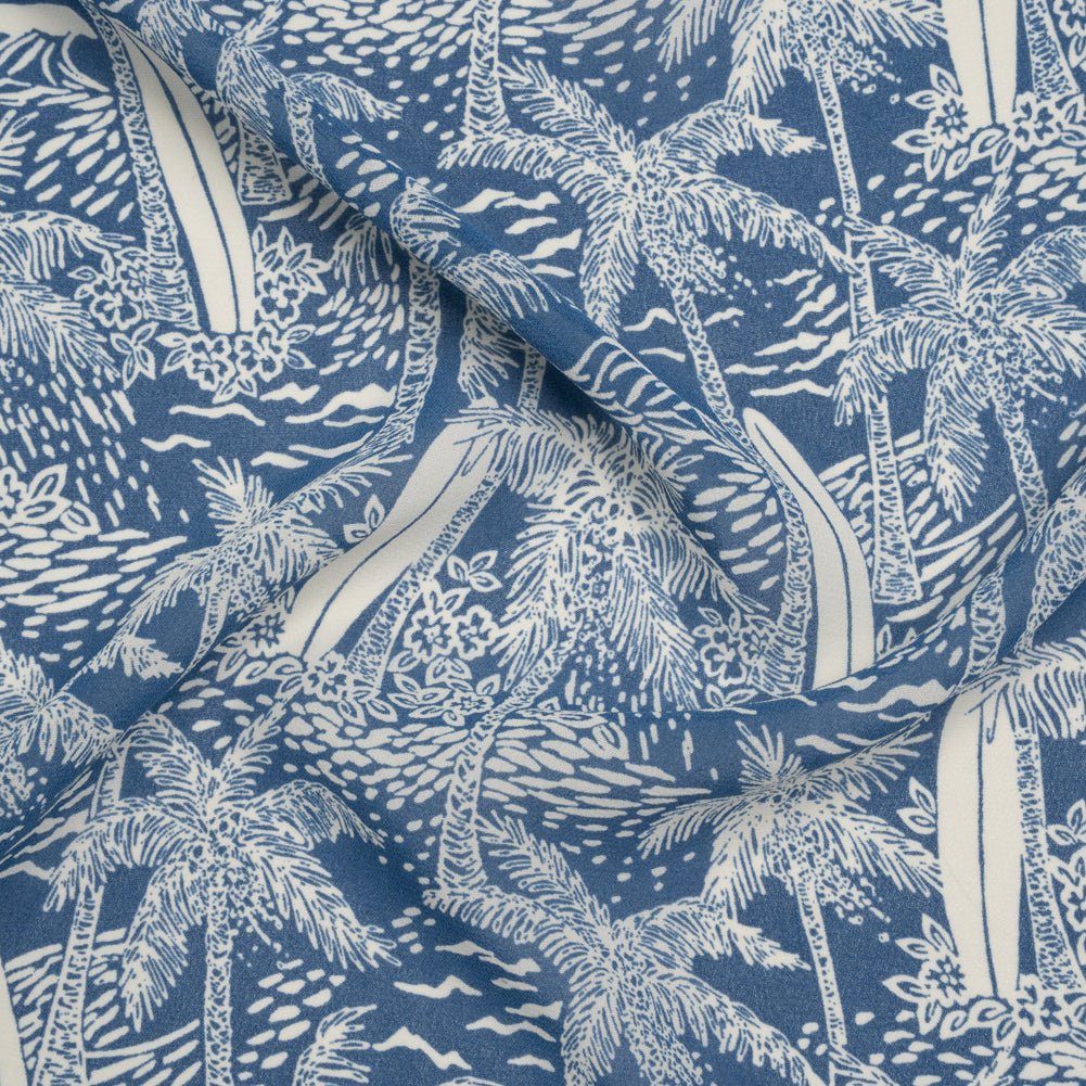 Viscose Georgette Print - Steel Blue and Light Cream Beach Surf Illustration - Designer Deadstock