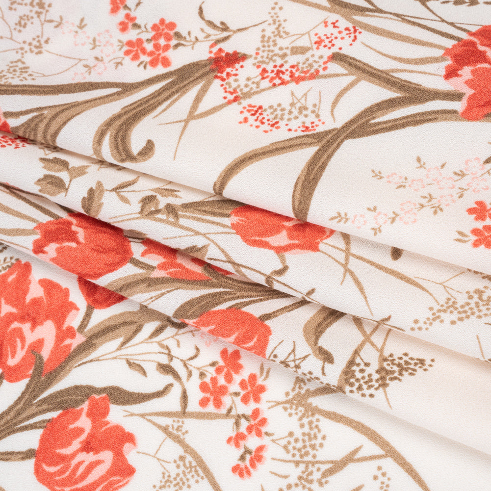Sustainable Viscose Crepe Print - Tomato Red, Hazelnut Brown and Cream Floral - Designer Deadstock - Folded