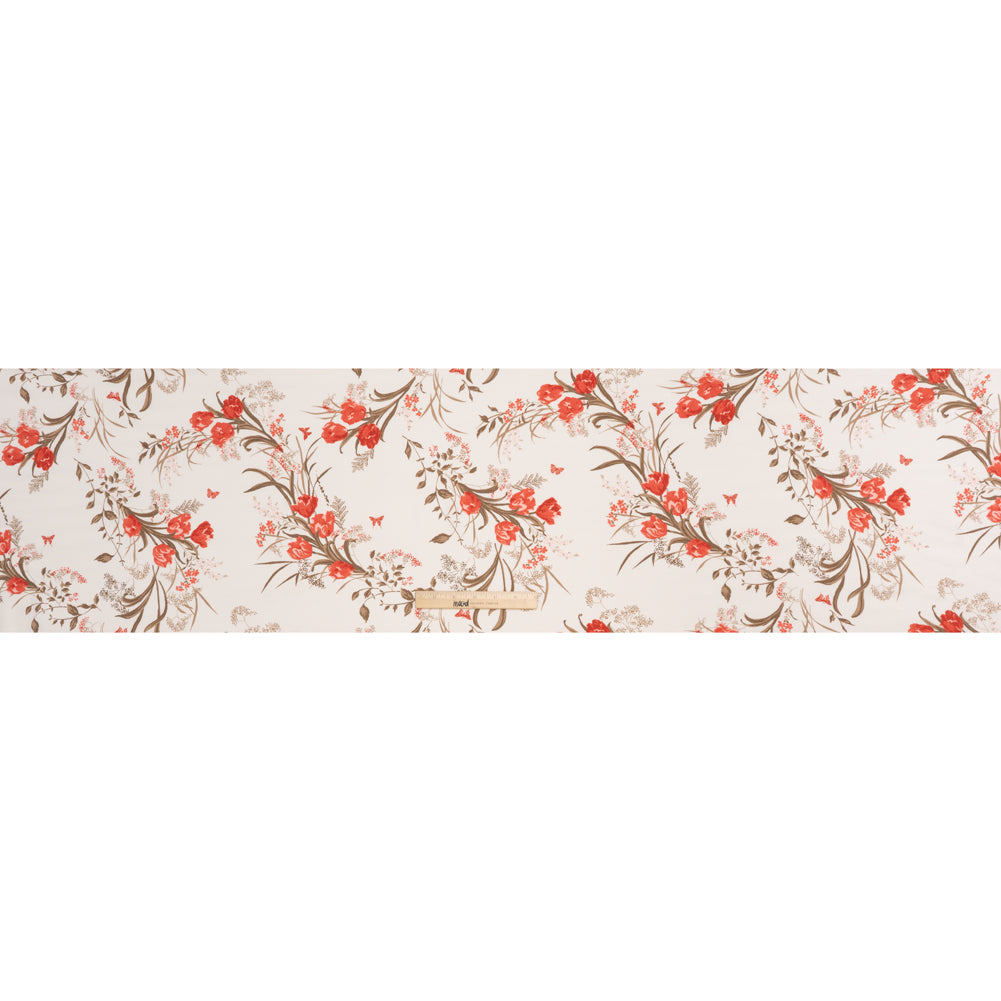 Sustainable Viscose Crepe Print - Tomato Red, Hazelnut Brown and Cream Floral - Designer Deadstock - Full