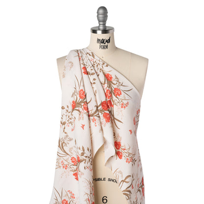 Sustainable Viscose Crepe Print - Tomato Red, Hazelnut Brown and Cream Floral - Designer Deadstock