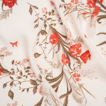Sustainable Viscose Crepe Print - Tomato Red, Hazelnut Brown and Cream Floral - Designer Deadstock